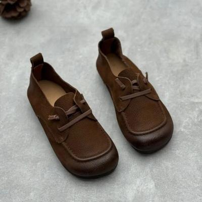 Vintage Handmade Shallow Flats Shoes Genuine Leather Round Toe Soft Sole Comfortable Women Slip-on Shoes