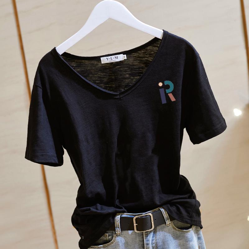 Damska koszulka z dekoltem V, krótkim rękawem, wykonana z bawełny bambusowej - Lato 2025, Styl koreański, Casualowa, Biała baza