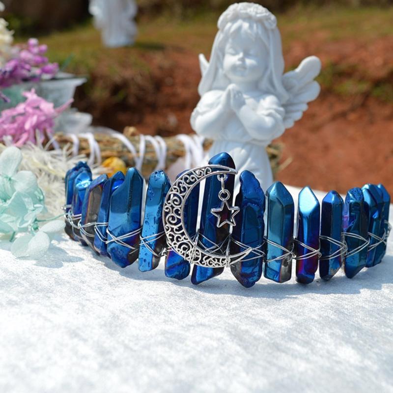 Queen Crown Headbands Natural Crystal Hairbands Women's Handmade Hair Accessories for Wedding Moon Witch Party Costumes