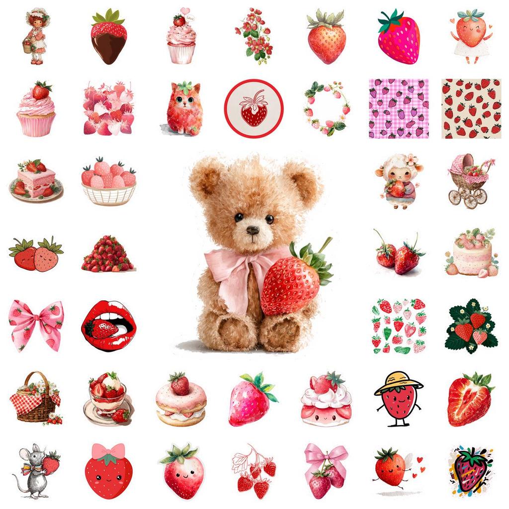50 Pink Strawberry Dessert Stickers for Water Bottle & Phone Decoration - Waterproof & Cute