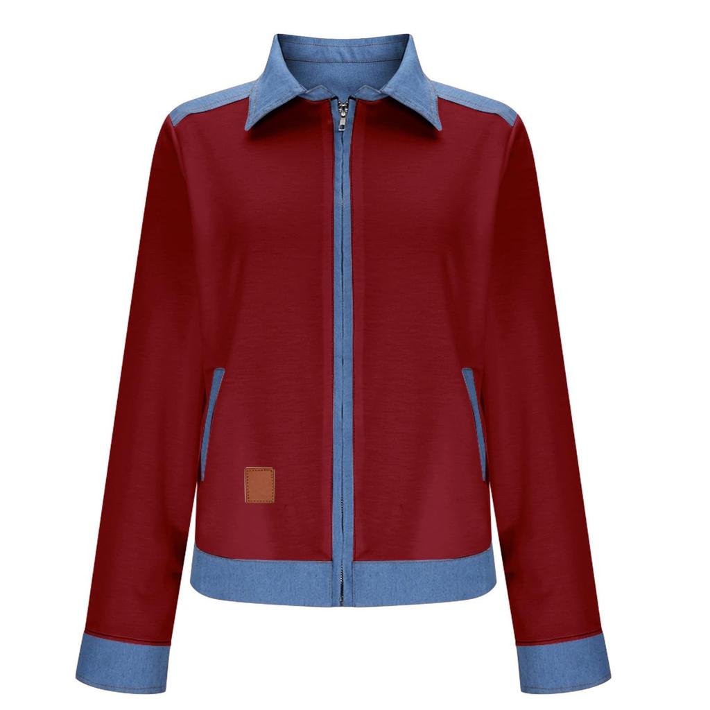 Modische Damen-Waschdenim-Jacke, Langarm, Lässig mit Reißverschluss.