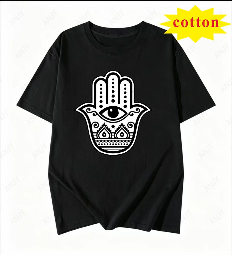Hamsa Hand Devils Eye Pattern Tshirt Retro Horde Totem European And American Versatile Round Neck Short Sleeve Top