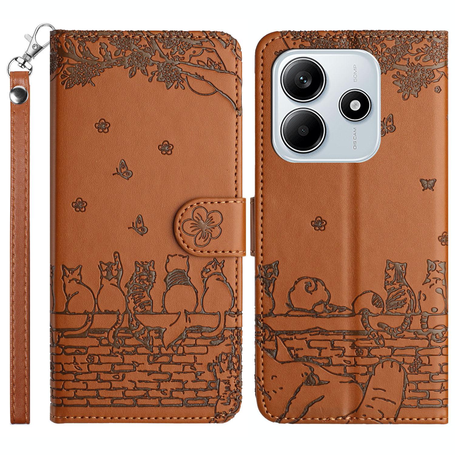 

For Xiaomi Redmi Note 14 5G Case with Wrist Strap Leather Phone Cover Wall Cats Pattern C
