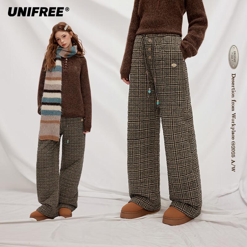 UNIFREE Plaid Thickened Loose Straight Wide-Leg Casual Pants