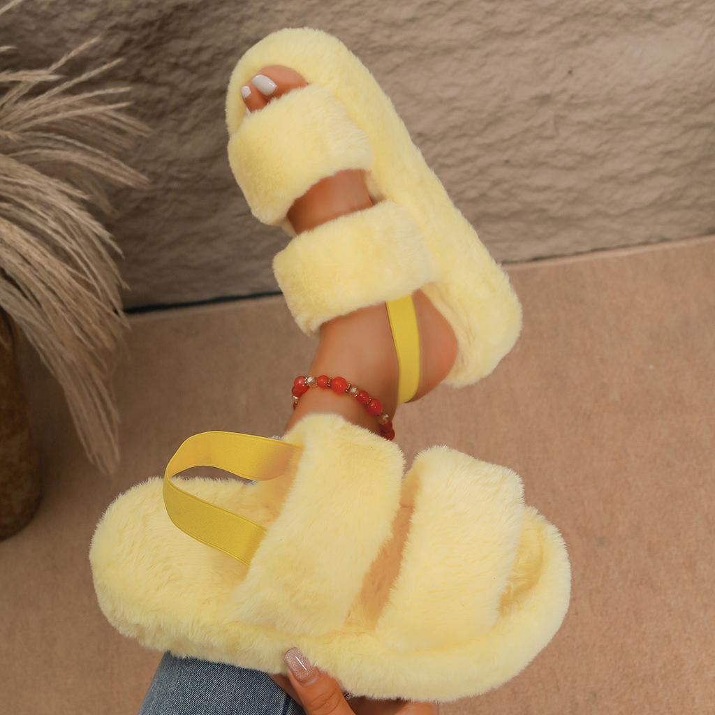 Damen Sandalen mit breiter Weite und Fell, Outdoor-Pantoletten mit elastischem Riemen, Europäische Sommer-Slipper für Damen