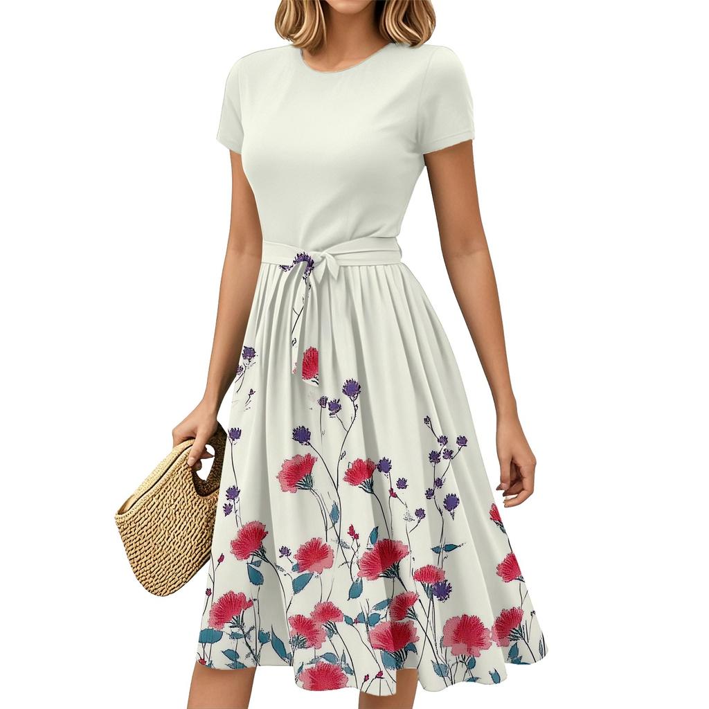 Women's Fashion Casual Belt Short Sleeve Round Neck Geometric Printing Splicing Elegant Temperament Dresses