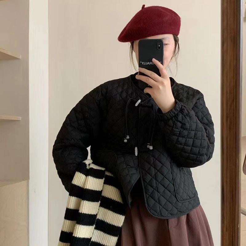 Rhombus crew neck lightweight down jacket women's 2024 winter new warm small loose casual sweet coat tide