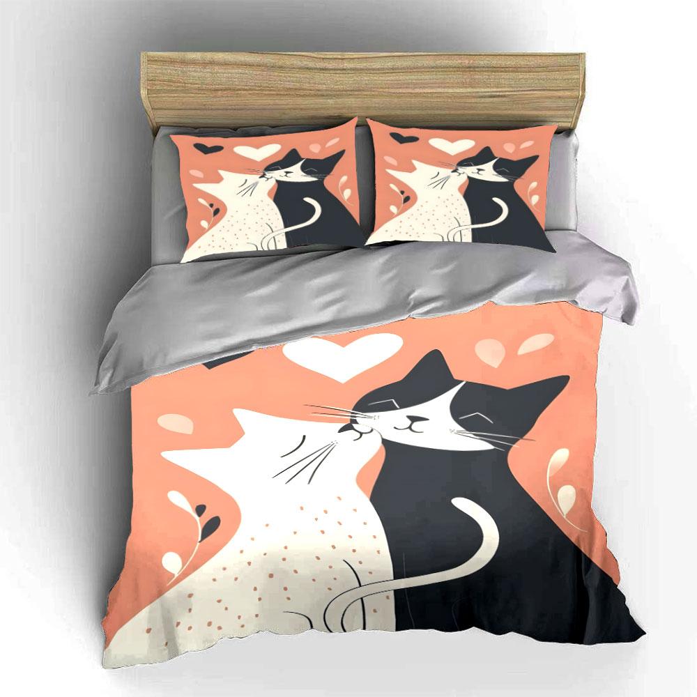 Black-and-white cats, hearts Bedding sets Duvet cover sets Duvet covers Pillowcases(1*Duvet Cover 2*Pillowcases without duvet insert)