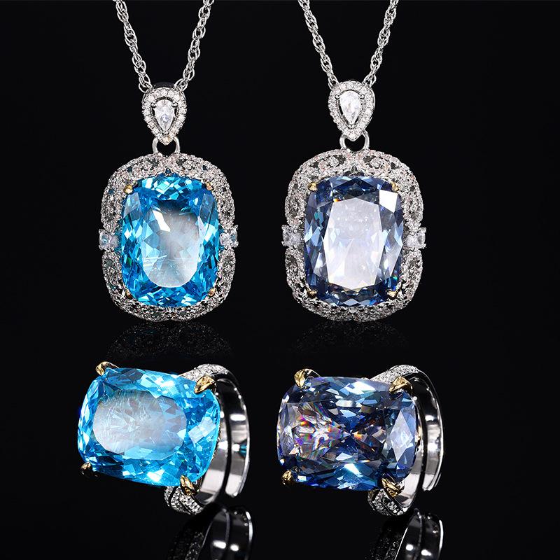 Jewelry Simulation Bird'S Nest Cut Sea Blue Treasure White Plated Blue Temperament Fat Square Set Main 15 * 20