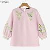ZANZEA Women Lace Splice Round Neck 3/4 Sleeve Loose Print Blouse
