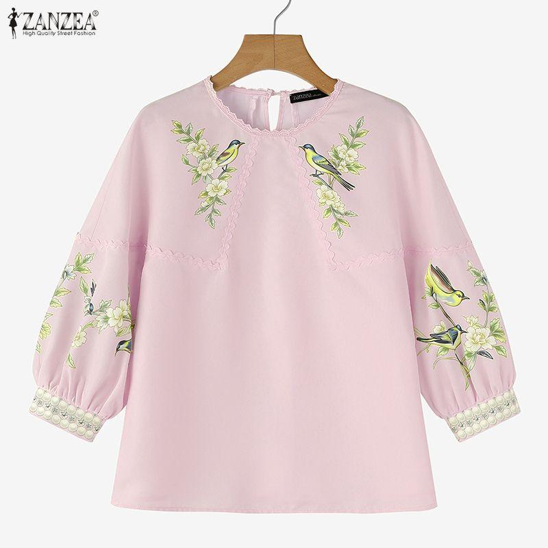 ZANZEA Women Lace Splice Round Neck 3/4 Sleeve Loose Print Blouse