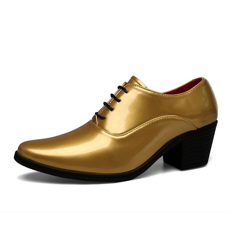 

2024 Серебристые туфли на высоком каблуке для мужчин, роскошные удобные свадебные туфли, увеличивающие рост, с острым носком, на шнуровке, кожаные туфли для мужчин 38