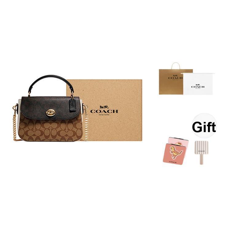 Coach Marlie 24 Color Block Turn-Lock Signature Canvas And Leather Small Cambridge Satchel Bag Women Handbags Black Dark-Brown C1563-IMNOX