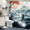 1Pc Tranquil East Asian Landscape Shower Curtain - Digital Painting Of Pagoda, Mountains, And Silhouetted Trees With Soft Peach
