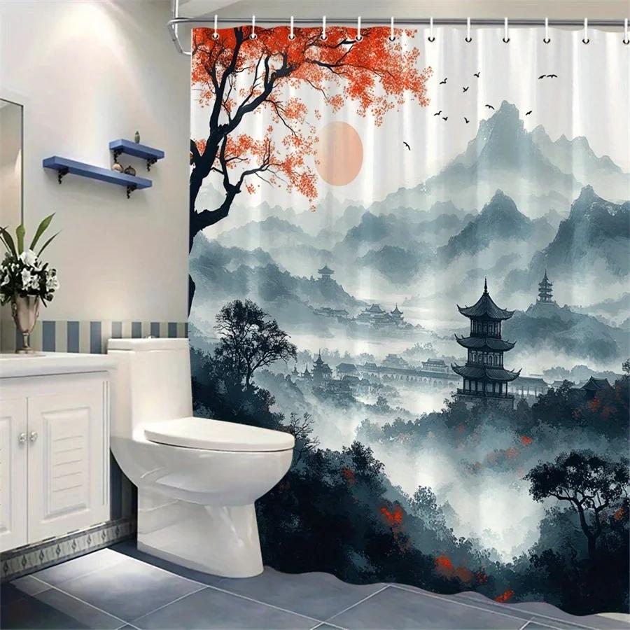 1Pc Tranquil East Asian Landscape Shower Curtain - Digital Painting Of Pagoda, Mountains, And Silhouetted Trees With Soft Peach