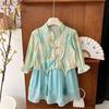Girls Summer Hanfu Set Traditional Chinese Long Sleeve Blouse And Midi Skirt Two Piece Outfit For Kids