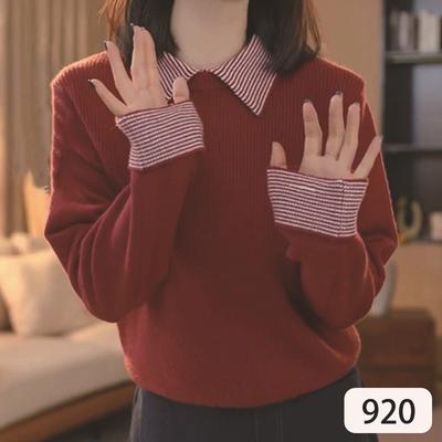 Contrast Color Fake Two Piece Lapel Sweater for Women Autumn and Winter Simple Bottoming Shirt Top