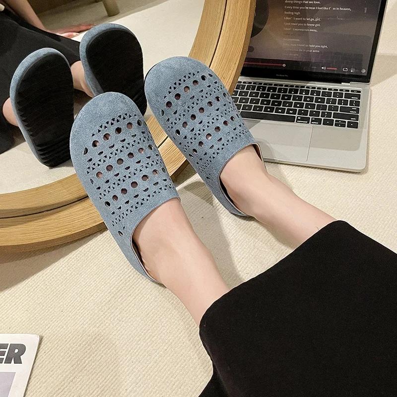 Fashion Baotou Hollow Out Fretwork Suede Leather Solid Concise Half Slippers Women Round Toe Pull on Muller Beach Shoes Females