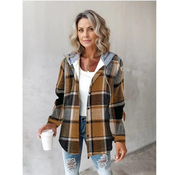 Women s Hood Collar Long Sleeve Oversized Fit Elegant Plaid Shacket Contrast Color Wool Blend Jacket S