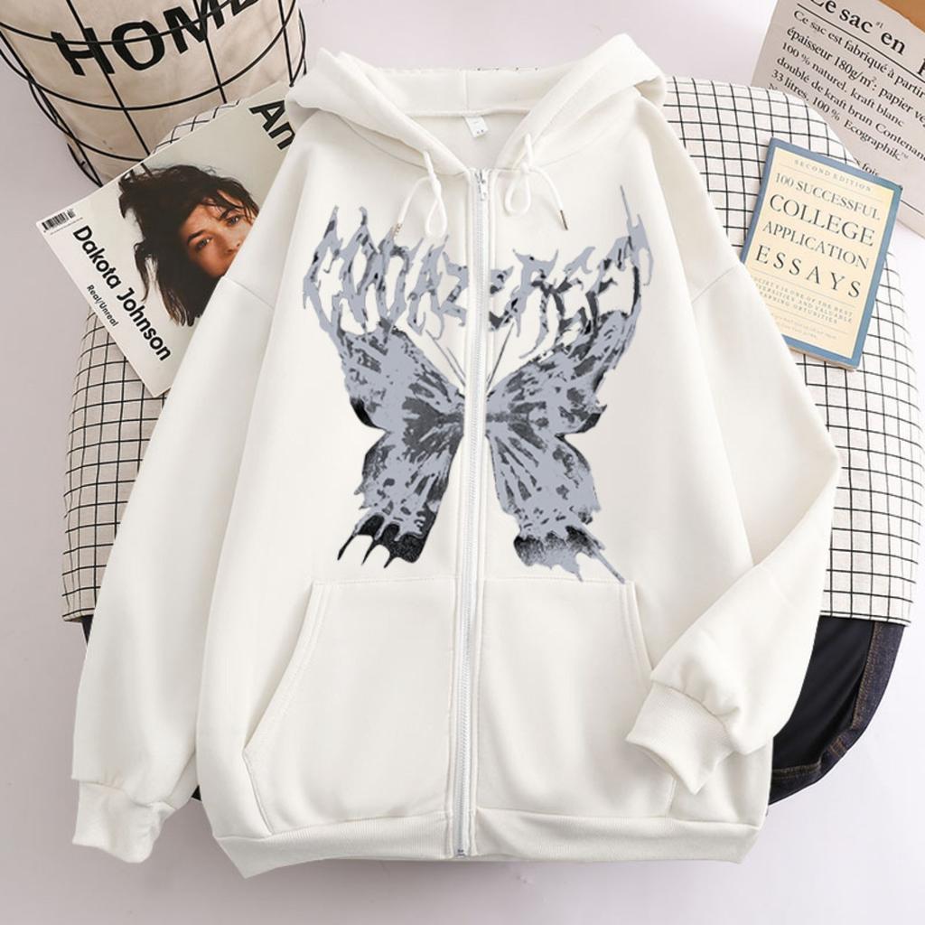 Women's Hooded Zip Up Loose Fit Long Sleeve Printed Butterfly Casual Cardigan Sweatshirt Jacket