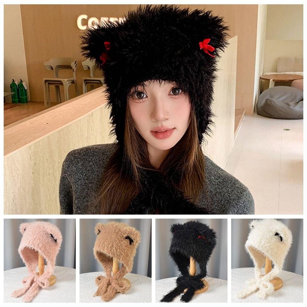 

Keep Warm Knitted Pullover Hat Solid Color Bow Beanie Hat Cute Cat Ears Skull Cap Outdoor