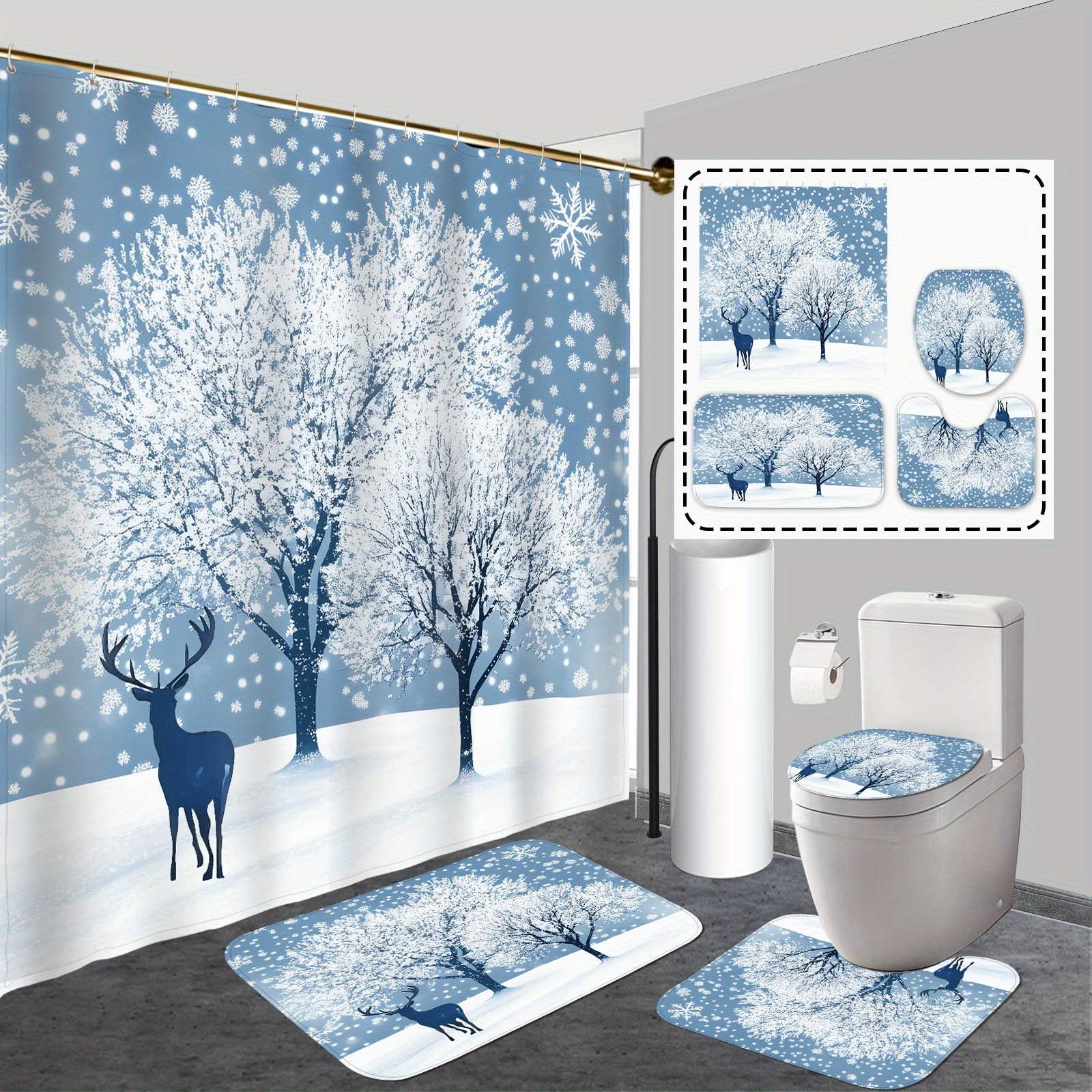 

Набор из 4 предметов для ванной комнаты: шторка для душа с принтом «Зимняя сказка», занавеска для ванной комнаты с 12 крючками, нескользящие коврики, коврик для крышки унитаза, перегородка для ванной комнаты 4pcs set