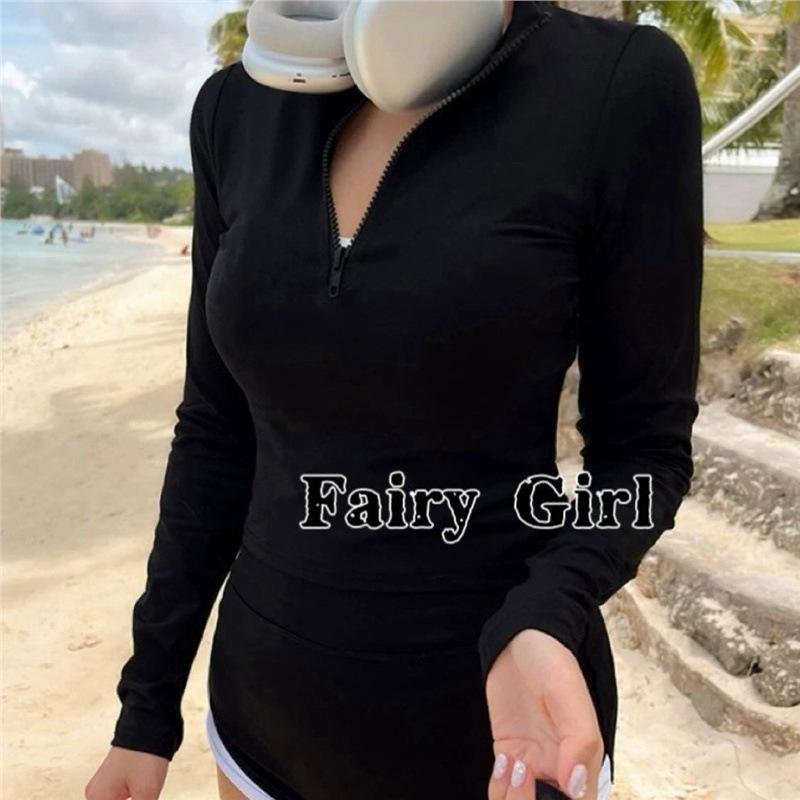 Long Sleeve Sunscreen Split Conservative High Waist Boxers Black and White Skinny Swimsuit Women's Surf Suit