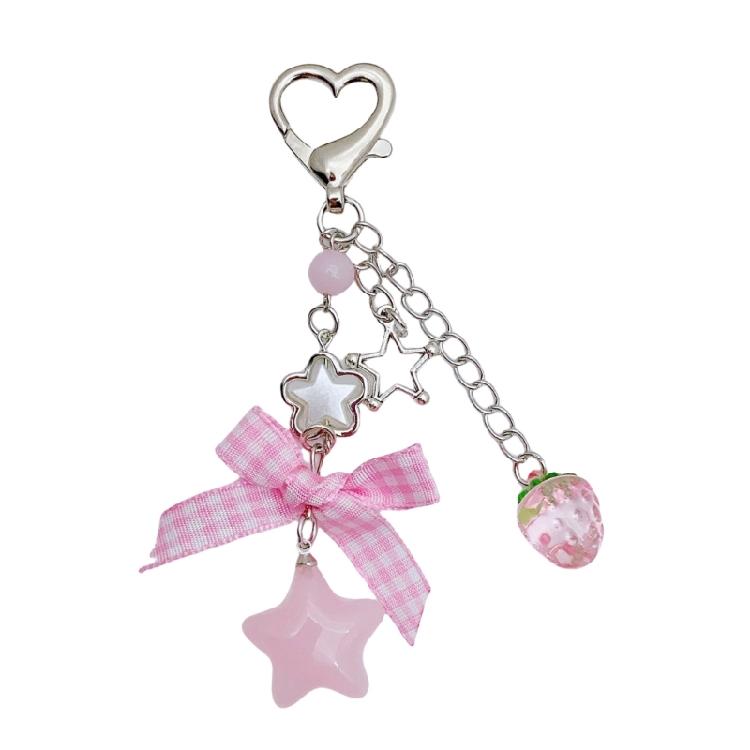 Adorable Strawberry Bowknot Key Rings Unique Strawberry Bowknot Handbag Charm Sturdy Keychain for Fashionable Girls