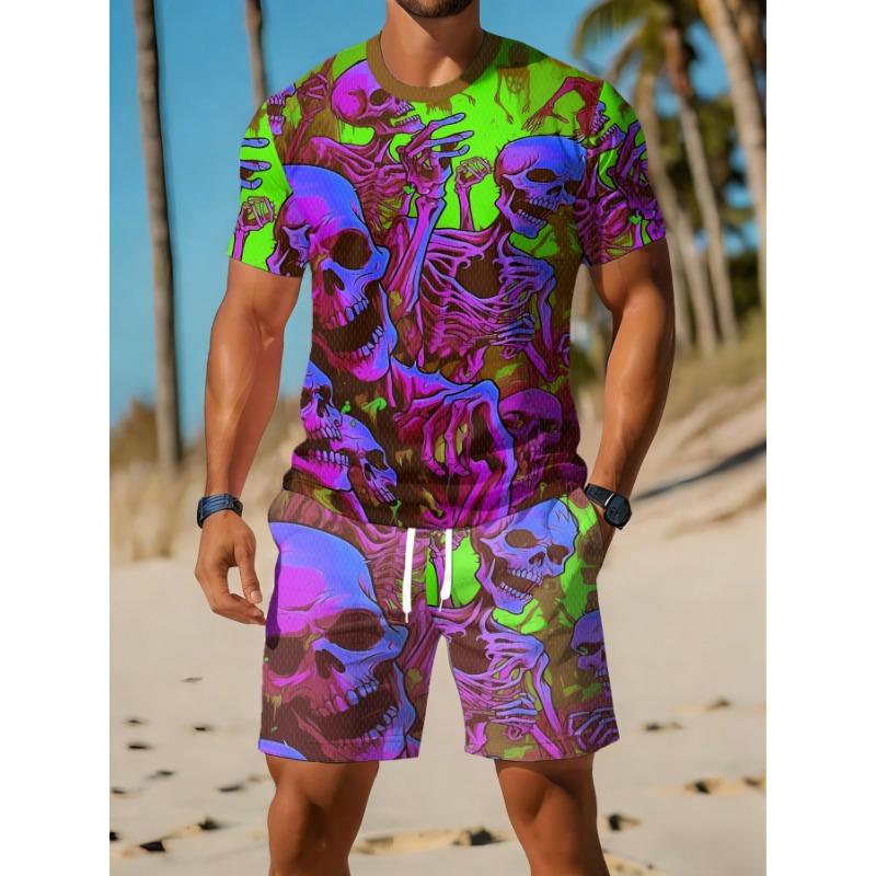 Lässiges Sportliches Set Atmungsaktiv Outdoor Freizeit Herren Rundhals T-Shirt und Shorts Set Sommer Digitaldruck Druck Outfit Herren Erwachsene