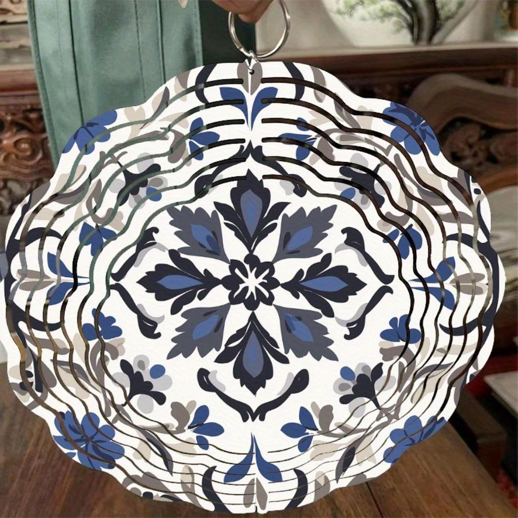 Blue White Porcelain Metal Wind Chime with Intricate Floral Design for Garden Lawn Indoor Outdoor Decor All Seasons Hanging Ornament