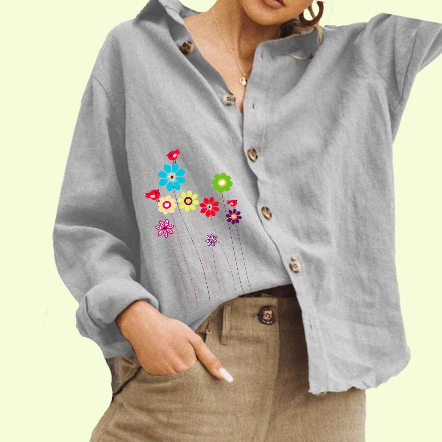 Women Fashion Flower Print Shirt Ladies Casual Button Down Blouse Cotton Linen Long Sleeved Top