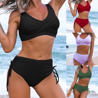 Bikini Set High Waist Solid Color Two Piece Women Unpadded Bra Panties Swimsuit Bathing Suit for Swimming