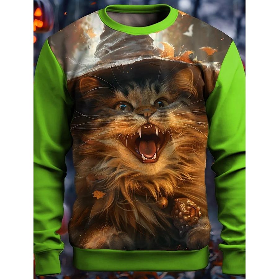 Padrão de gatinho de Halloween impresso em 3D, camiseta masculina de outono com gola redonda, manga comprida casual, pulôver grande, moda tops