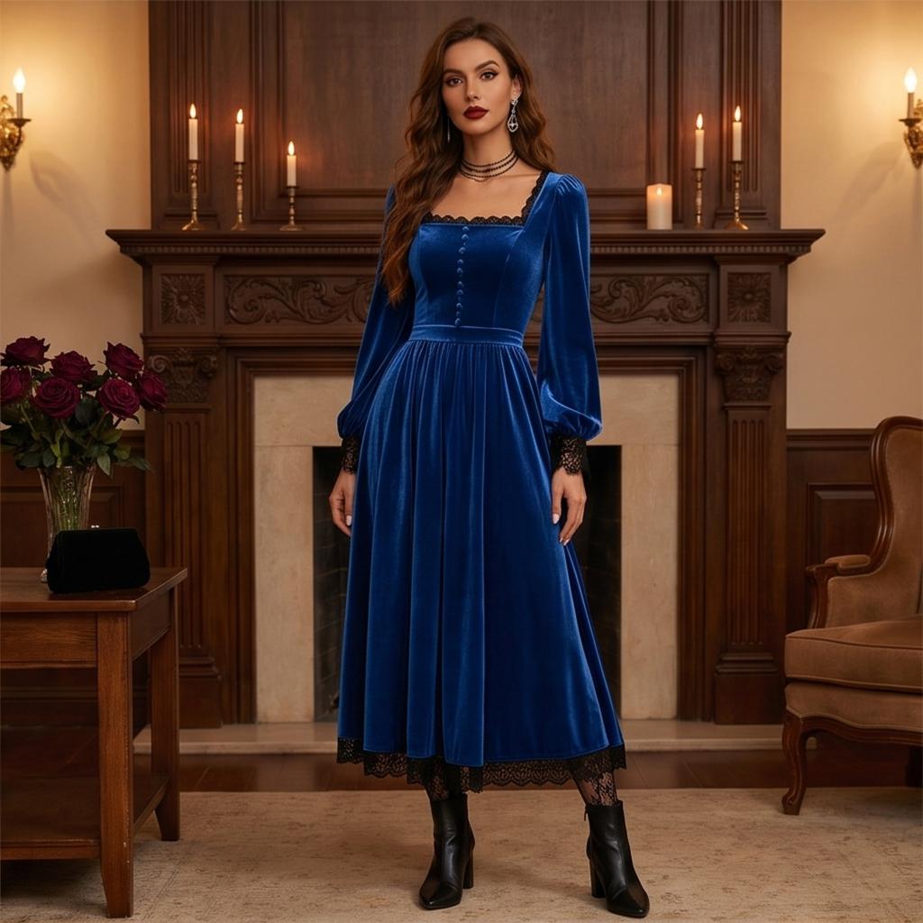 Women's Color Square Neck Long Sleeve Lace Patchwork Evening Dress for Party and Formal Events