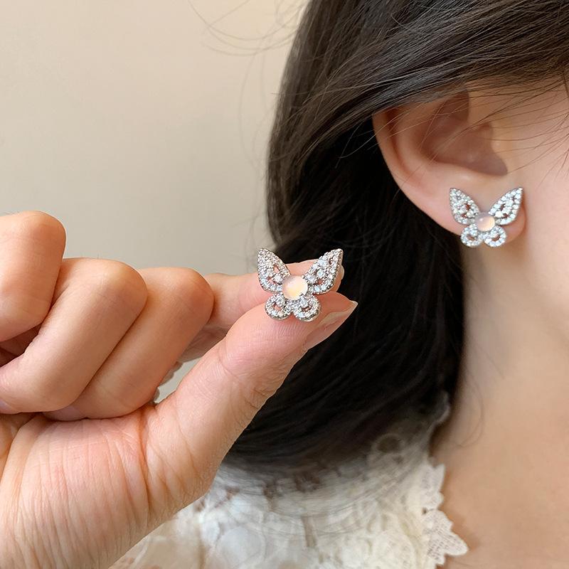 S Sterling Silver Needle Zircon Chalcedony Butterfly Stud Earrings Women's High-end Sense Light Luxury Fashion Personalized Earrings New Ear Jewelry