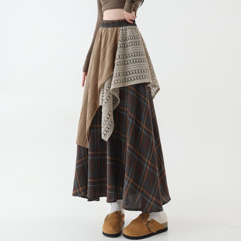 Women's High-Waisted Retro Plaid Lace Patchwork A-Line Skirt with Irregular Hem