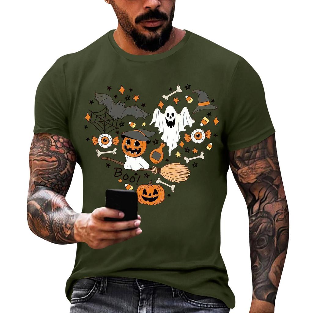 Men Casual Short Sleeve Halloween Print Tee Crew Neck Cotton Fit T Shirt for Everyday Wear and Sports