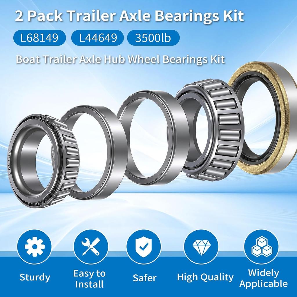 2 Pack Trailer Bearings Kit, High Speed And Rotary Quiet, L68149 L44649 Trailer Axle Bearings Kit, Fits For 1-3/8'' To 1-1/16'' 3500 Lbs Trailer Axle