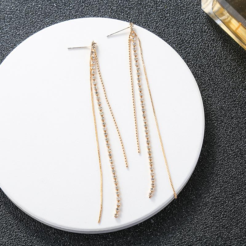 New Korean version fashion crystal earrings temperament tassel long stud earrings niche S925 silver earrings