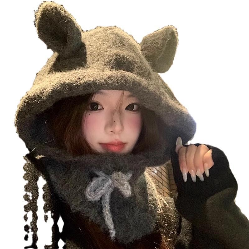 Cute Rabbit Ears Balaclava Women's Autumn and Winter Gray Hat Warm Ear Protection Beanie Trendy