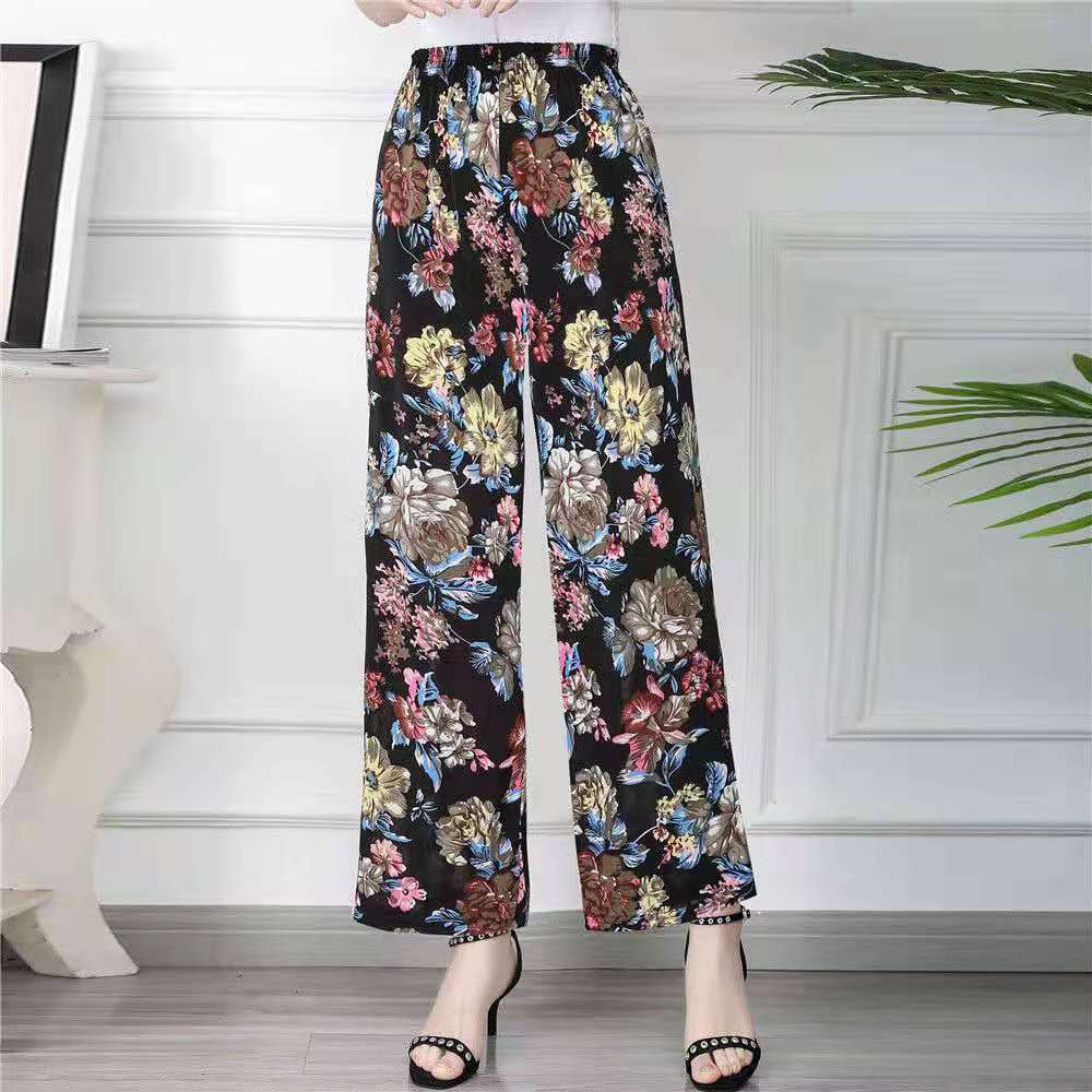 Summer Ice Silk High-Waist Floral Pants Casual, Loose-Fit for Middle-Aged & Elderly Women