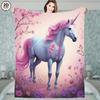 1pc Soft & Cozy Flannel Blanket - Dreamy Unicorn Floral Fantasy Design with Pink & Purple Flowers, Light Blue Unicorn & Pastel F