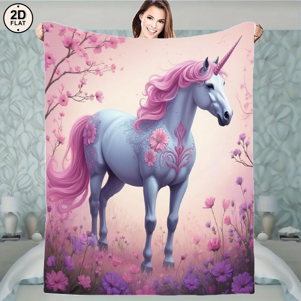 1pc Soft & Cozy Flannel Blanket - Dreamy Unicorn Floral Fantasy Design with Pink & Purple Flowers, Light Blue Unicorn & Pastel F