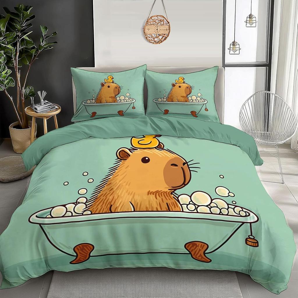 Bedding Capybara Duvet Cover Set 3D Printed Microfiber Cute Animals Quilt Cover Pillowcase Bed Cover Zipper Closure 2 Pieces