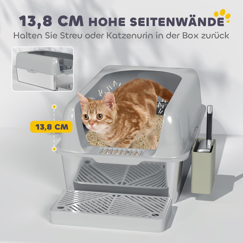 Cat Litter Box, Cat Toilet, Stainless Steel, High Walls, Storage Box, Light Gray