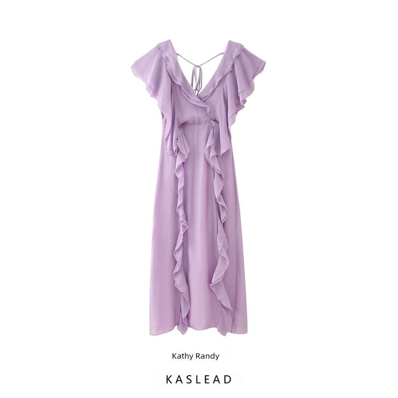 Kaslead New Arrival Women's Clothing Fashion Style Fashion Laminated Ruffles V Neck Long Dress
