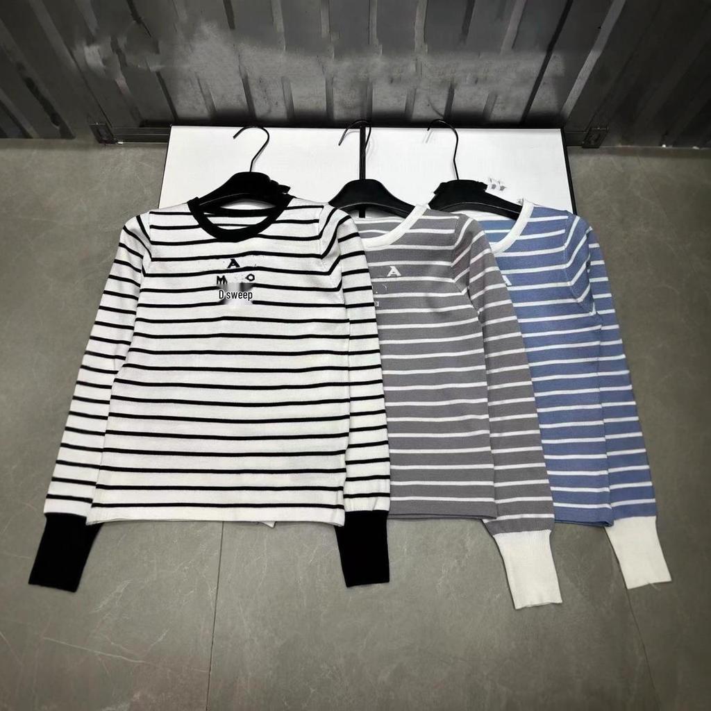 Pu Jia 2025 Fall/Winter Letter Jacquard Stripe Knit Pullover, Round Neck, Long Sleeve, Age-Reducing Versatile Top
