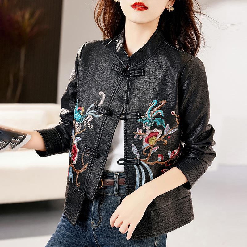 Hua Ge Di Qing Plus Velvet Leather Jacket for Women Winter 023 New Retro Ethnic Style Stand Collar Short Slim Leather Jacket
