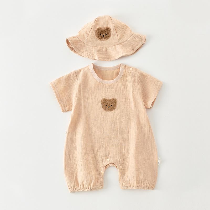 2025 Baby Strampler: Sommer Gaze Strampler mit kurzen Ärmeln und kleinem Bären - Atmungsaktive, dünne Oberbekleidung für Säuglinge und Kleinkinder.