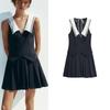 Spring and Summer Women's Clothing Navy Style Neckline Bowknot Decoration Wide Pleated V Neck Sleeveless Elegant Dress 4661393